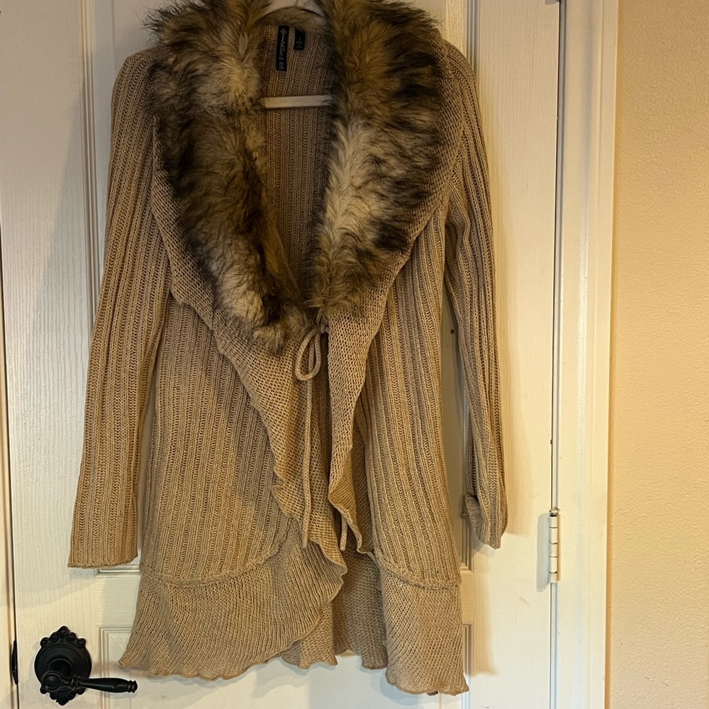 Allie & Rob Tan Cardigan with Faux Fur Collar